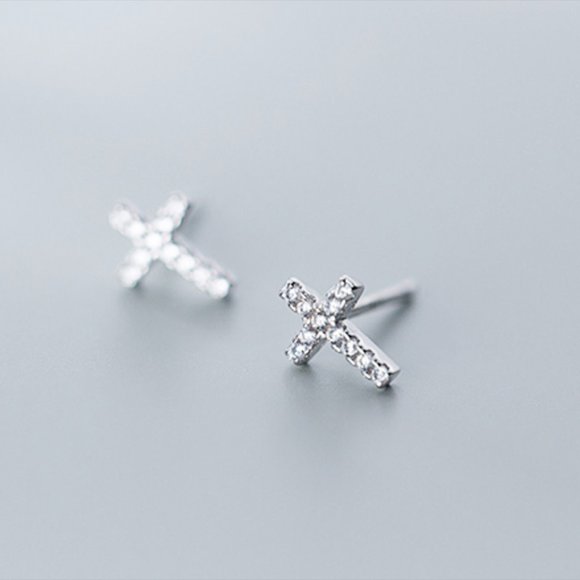 Simple Small Tiny Cross Stud Earrings 0.8 x 1.0cm with Cubic Zirconia - Picture 5 of 7